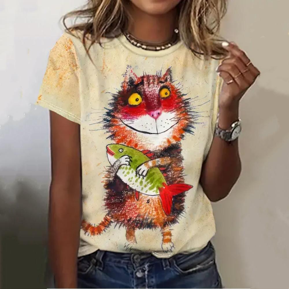 

Забавная женская футболка с изображением животных и кошек, повседневные футболки с коротким рукавом и 3D-принтом, модная уличная летняя женская одежда больших размеров 6XL