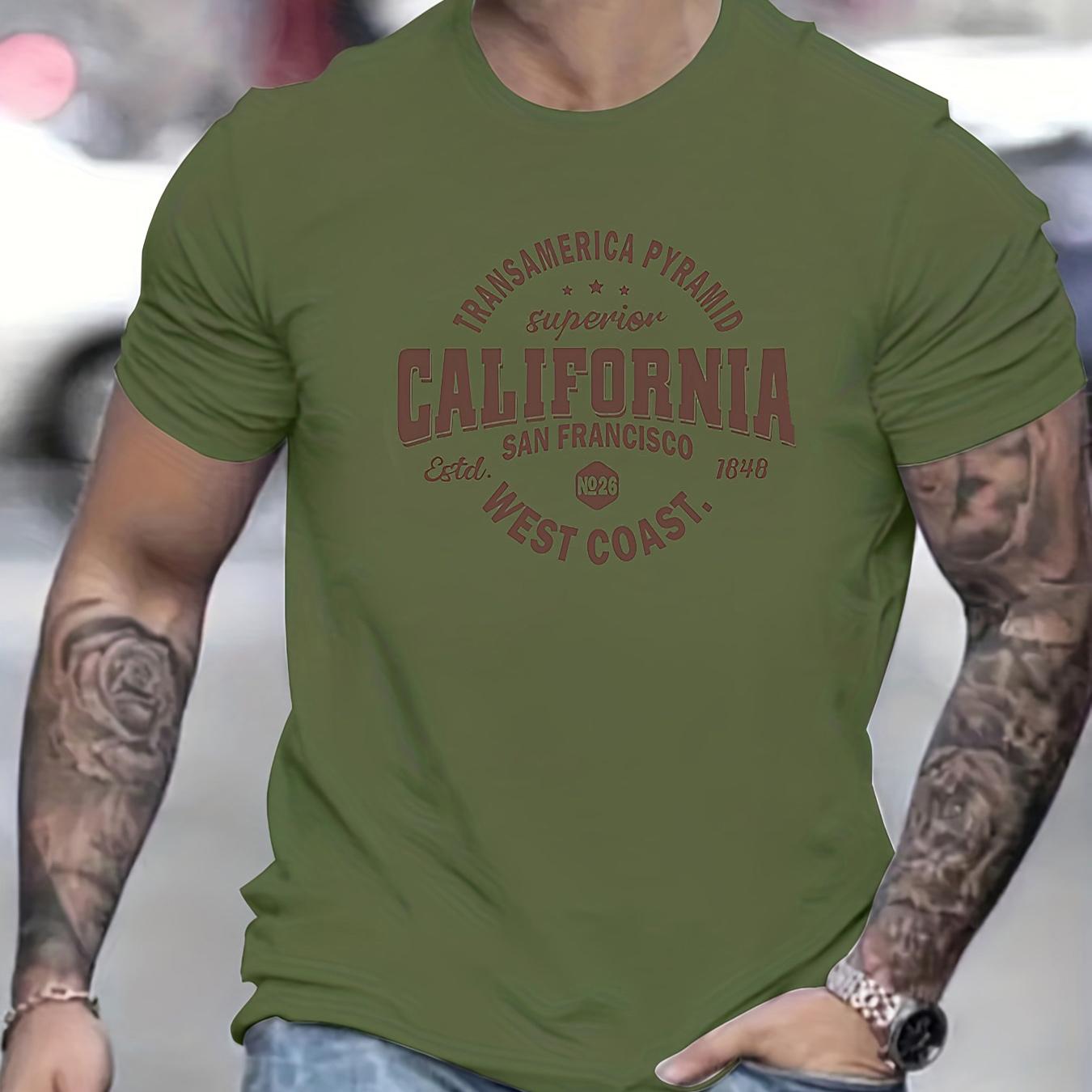 WowClassic Heren 100% katoen casual sport losse pasvorm California West Coast print ronde hals korte mouwen T-shirt top XXL