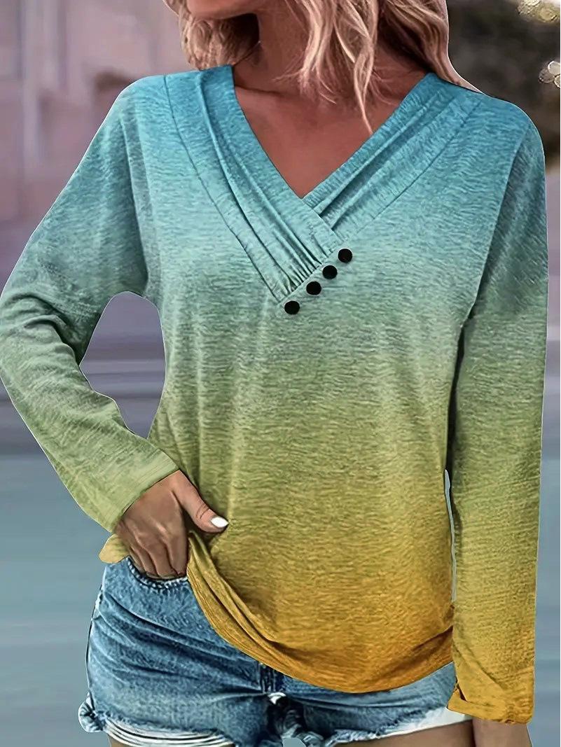 

Женский топ с градиентным V-образным вырезом на пуговицах и длинными рукавами, осень/зима 2025 XX-Large желто-зеленый