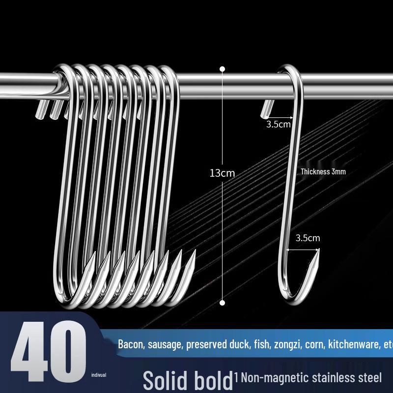 Stainless Steel S-Shaped Hook for Hanging and Drying Meat: Bacon, Duck, Sausage, Pork, Fish - Thickened and Pointed.