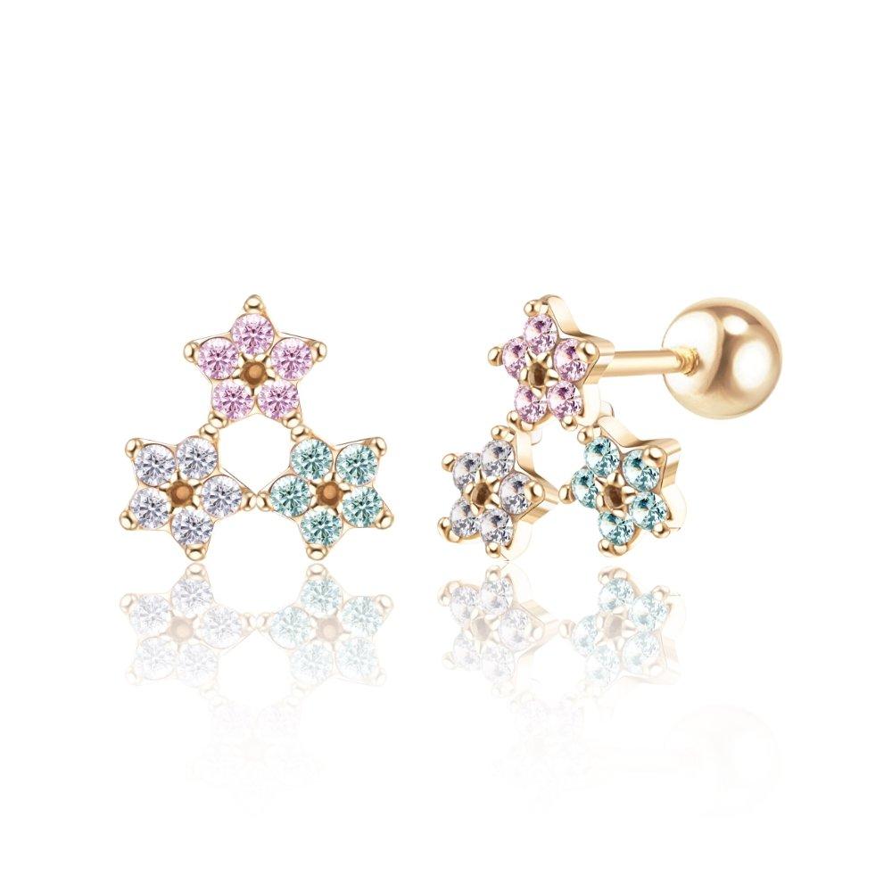 14K Gold Star Flower Mini Flower Cubic Piercing Earlobe Barbell Ear Cone Earrings