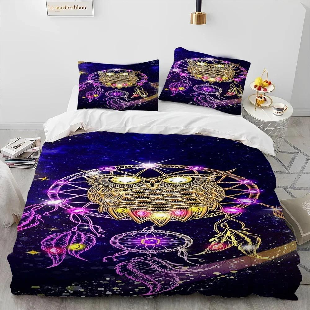 Fashion Dreamcatcher Feather Owl Comforter Bedding Set,Duvet Cover Bed Set Quilt Cover Pillowcase,King Queen Size Bedding Set