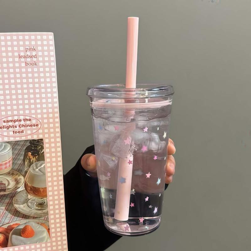 Tazza di Plastica da 450ml con Cannuccia Tè Caffè Latte Cannucce Semplici Dolce Carina Tazza a Stella Regali per Amici
