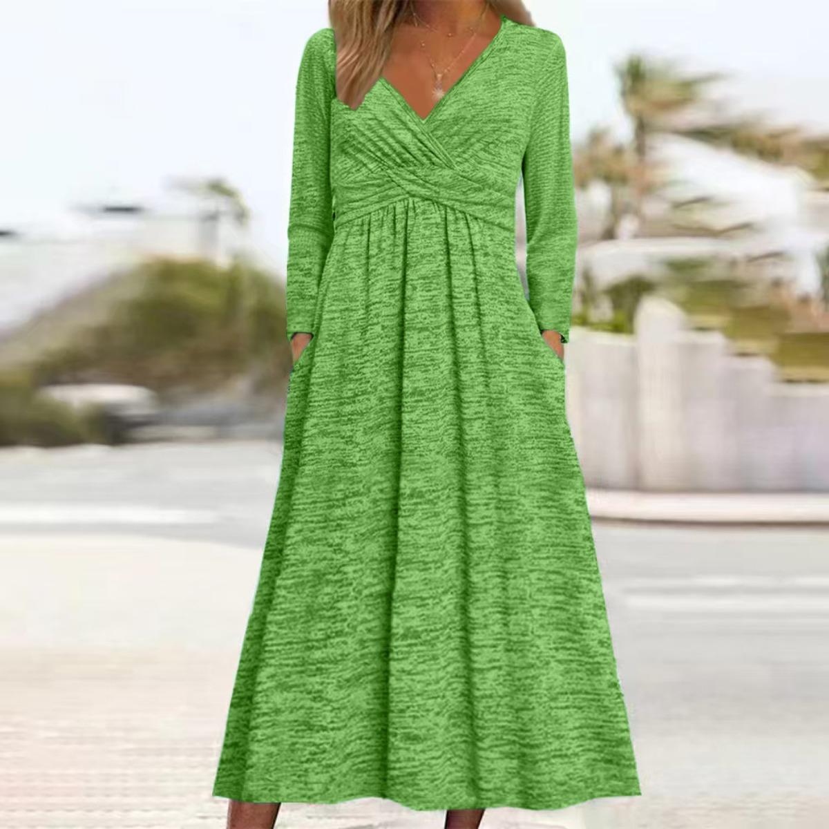 

Spring Autumn Winter Long Sleeve Printed Dress Women Casual Pockets Long Maxi Dress European American Style S трава зеленый