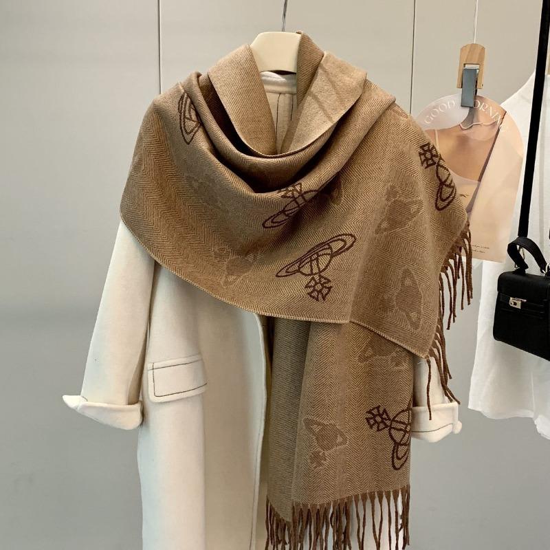 Autumn and Winter Thickened Sheep Imitation Cashmere Classic Saturn Scarf, Pattern Double-sided Women's Warm Light Luxury Shawl, Scarf