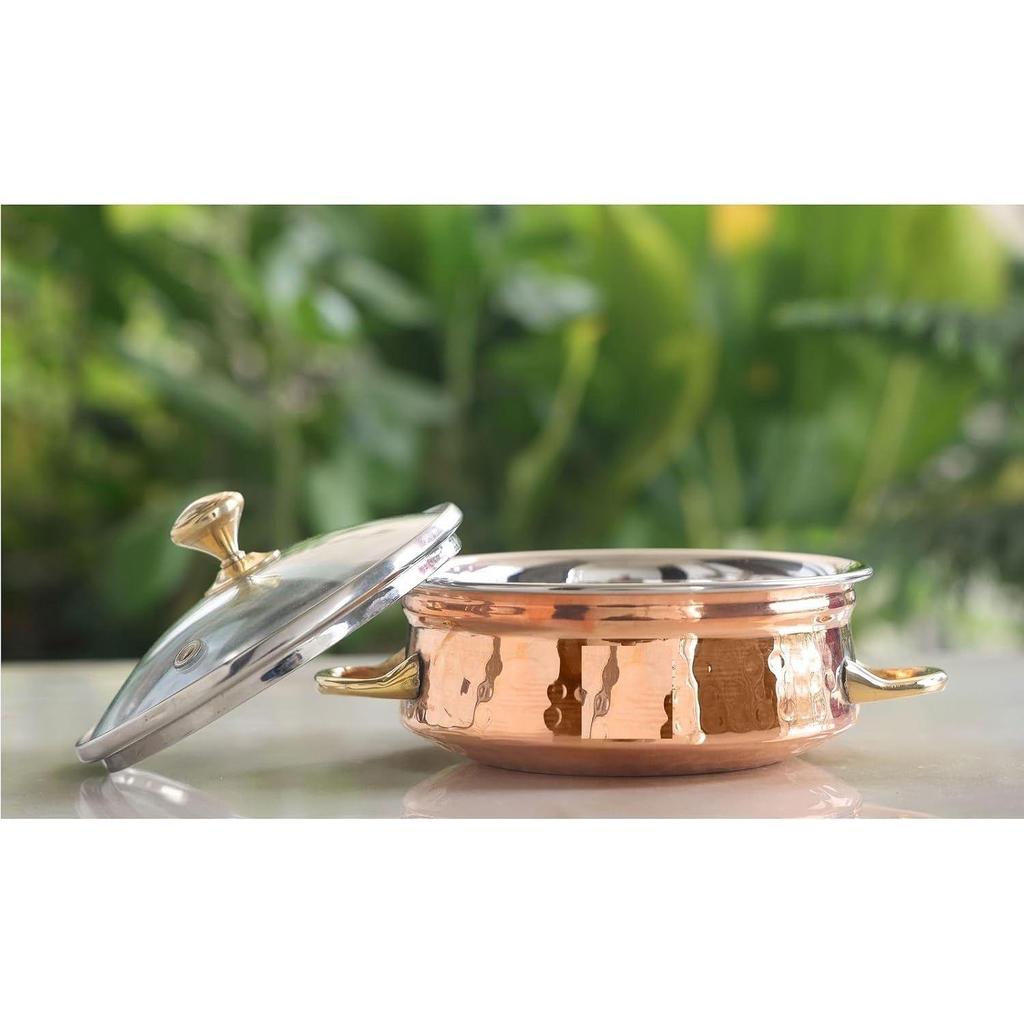 Steel Copper Handi Bowl with Glass Lid, for Serving Dishes, Tableware, Kitchenware for Home and Restaurant 500 ML