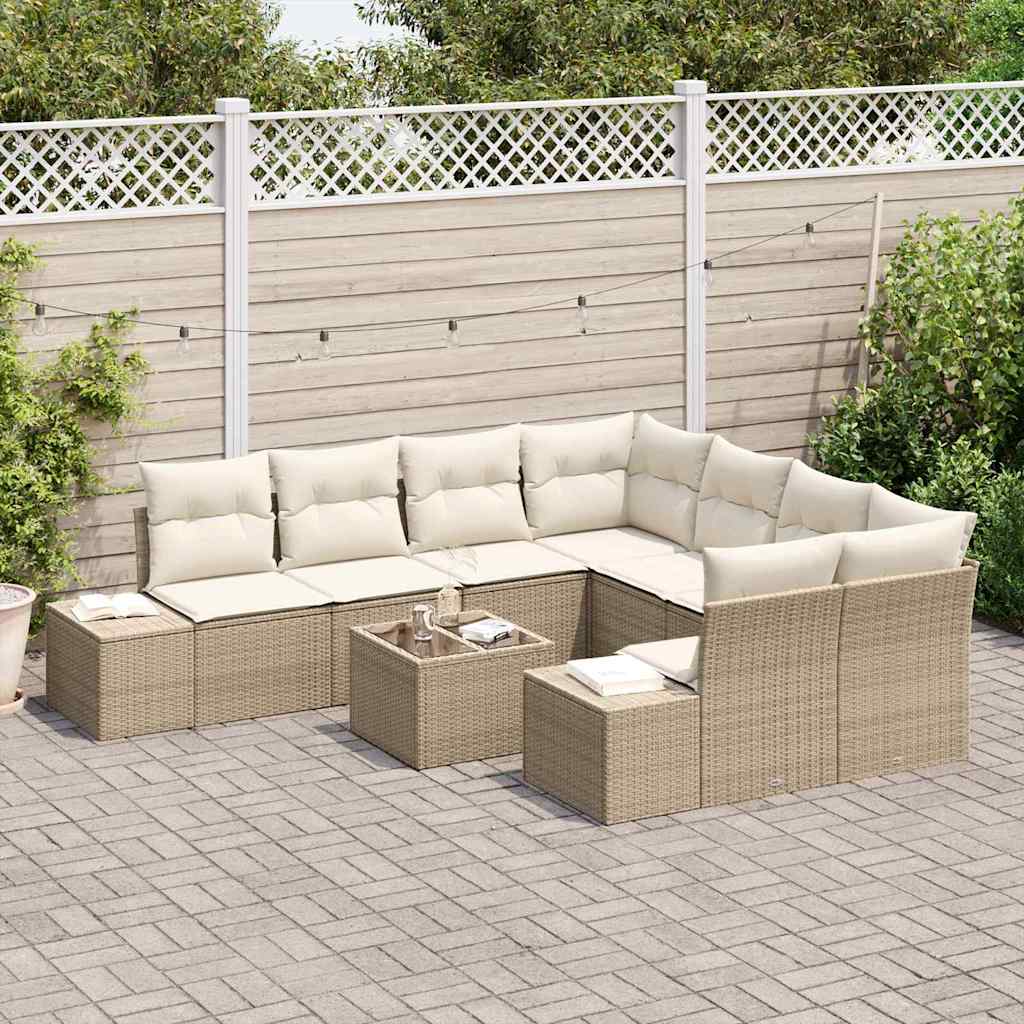 9 Piece Beige Poly Rattan Sofa Set with Cushions