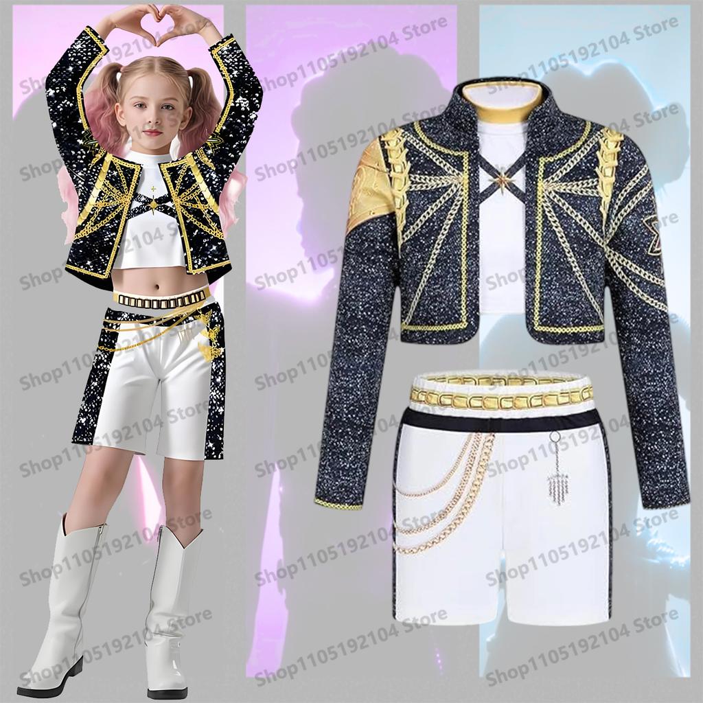 Bambini Rumi Mira Zoey Cosplay KPop Cacciatori di Demoni Costume da Ragazza K Pop Huntrix Costume Dorato Abiti Outfit per Festa di Halloween per Bambini