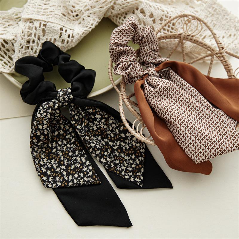 New Chinese Fashion Black White Flower Print Bow Ribbon Hair Ties Rope Rings Women Scrunchies Ponytail Elastic Hair Hairbands