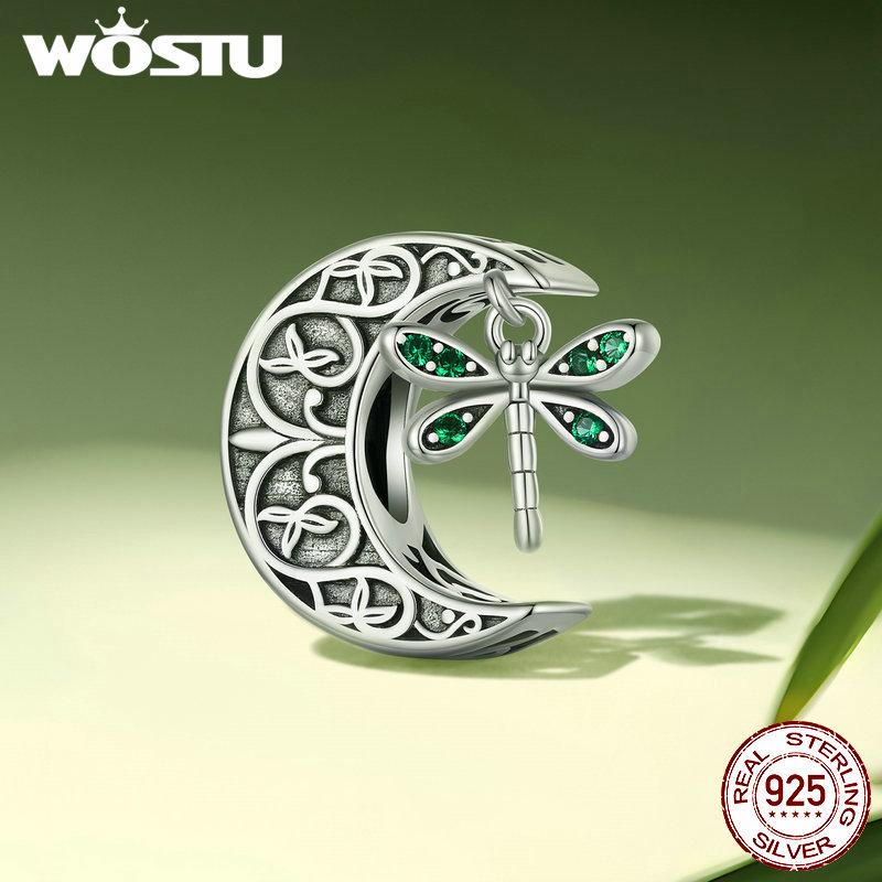 WOSTU 925 Sterling Silver Roses & Moon Dragonfly Charm Four-leaf Clover Beads for Women Girls Bracelet & Bangle DIY Jewelry