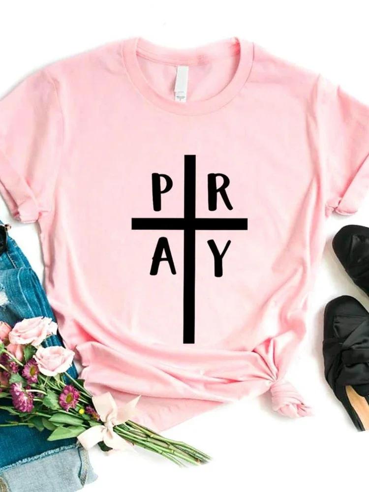 Pray Cross Jesus Print Women T Shirt Short Sleeve O Neck Loose Women Tshirt Ladies Fashion Tee Shirt Tops Clothes