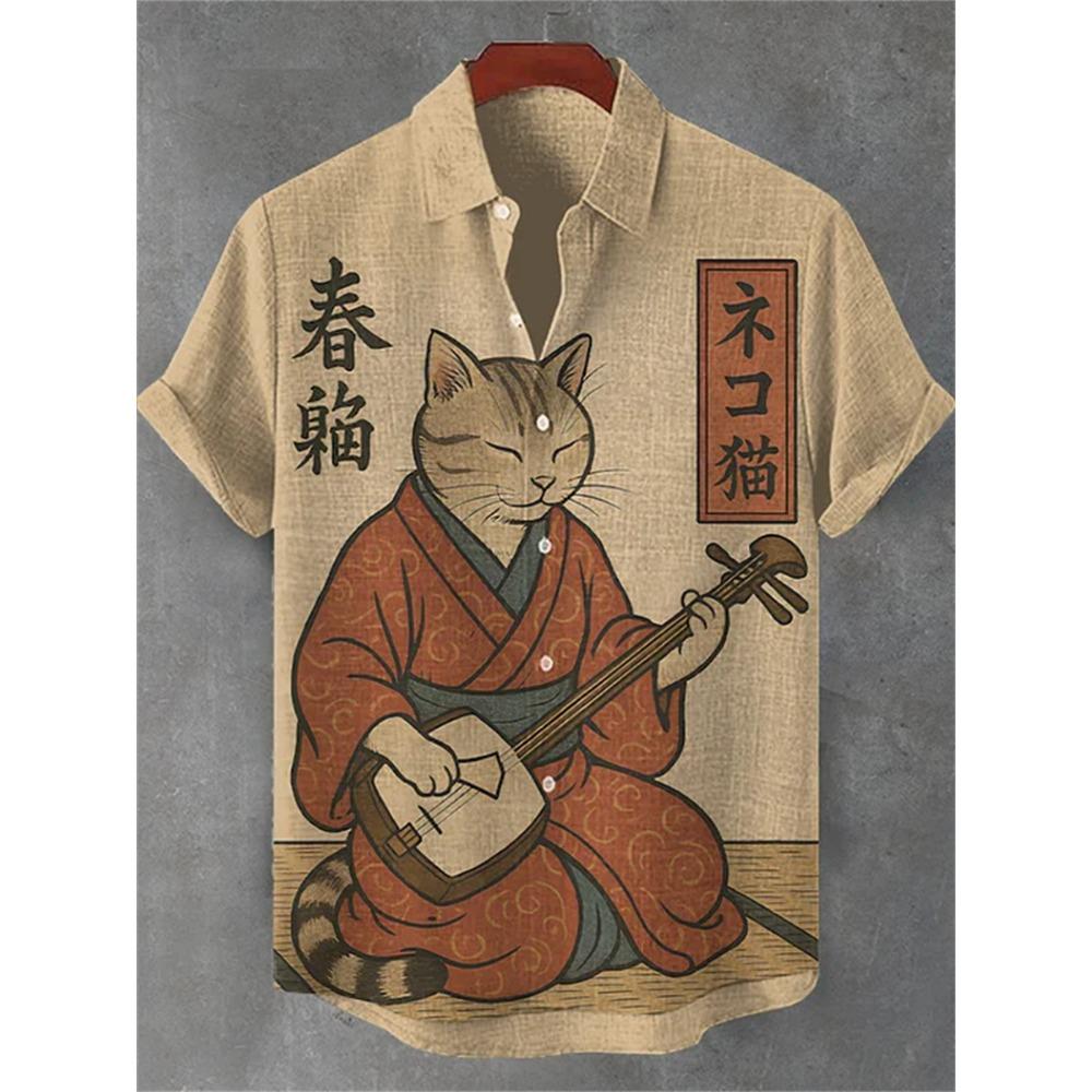 Herren Kurzarmhemd mit Samurai-Katzen-Showdown-Print, Lässiges Hemd mit Kragen, Trendiges Design, Lockerer Schnitt, Einzigartiger Stil, Schnelle Lieferung