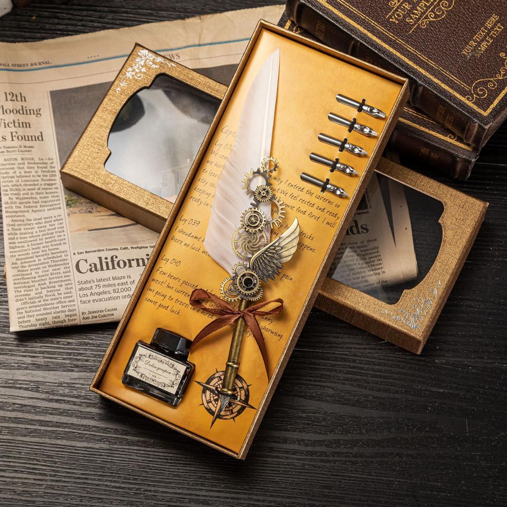 Retro Mechanical Calligraphy Feather Pen and Ink Set Glittering Quill Pen with Antique Dip Pen Metal Calligraphy Set with Ink
