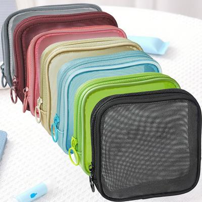 Solid Color Zipper Coin Purse Nylon Mesh Coin Wallet Cute Purse Cosmetic Bag Portable Makeup Bag Data Cable Lipstick Storage Bag