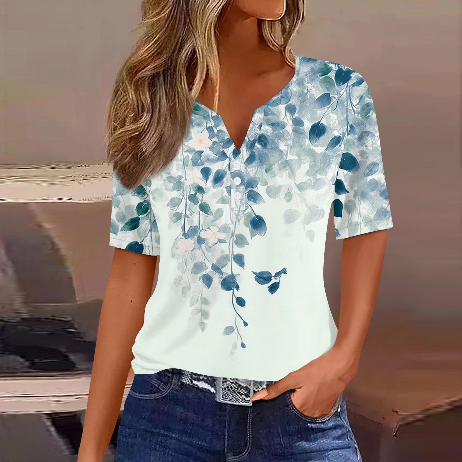 

Casual V Neck Short Sleeve Blouses for Women Gradient Printed Women s Short Sleeve Tops Loose Fit Lightweight Fabric Pullover Shirts L синий