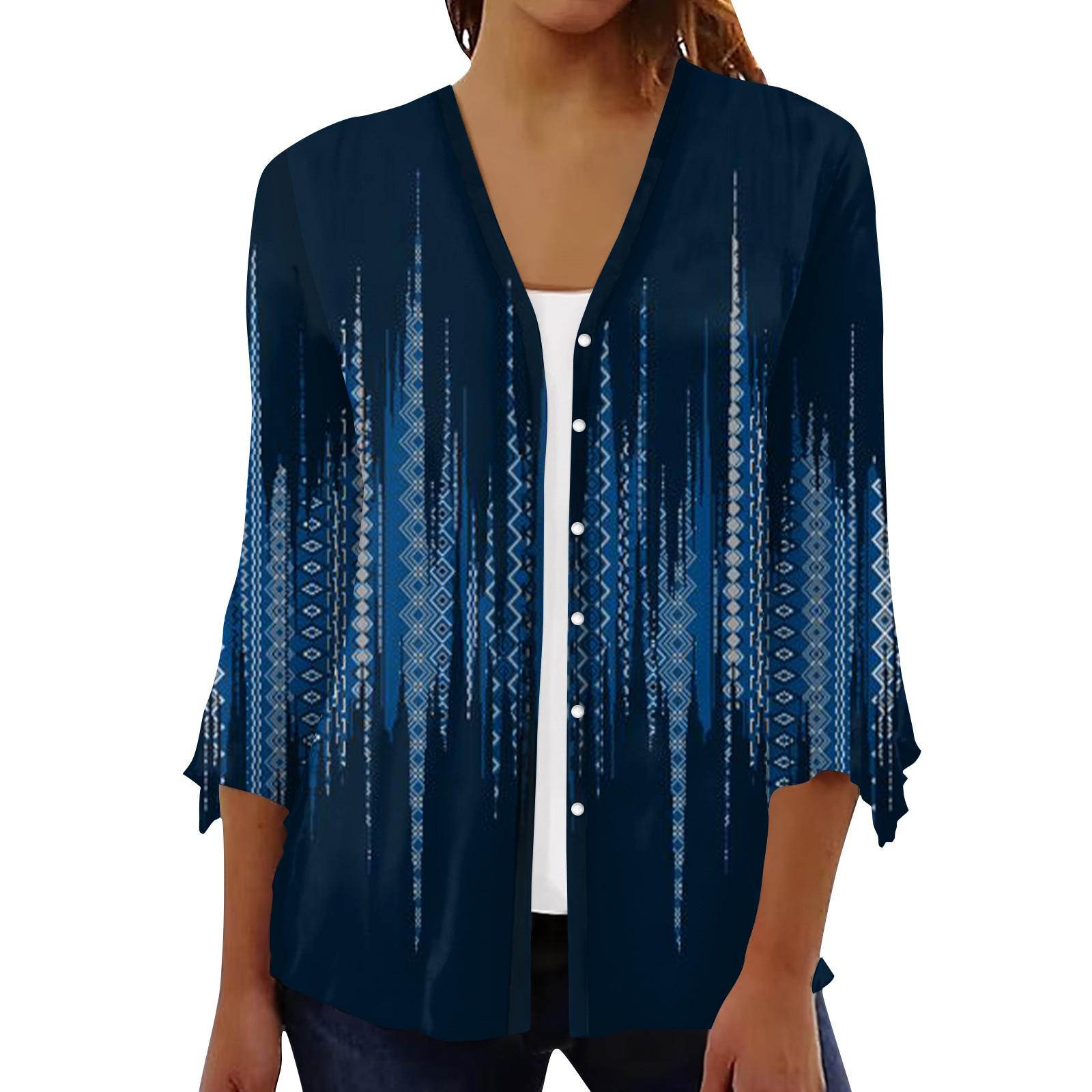 

Кардиган с открытым передом и рукавами 3/4 для женщин, кардиган на пуговицах в стиле ретро с цветочным принтом для платья, женские топы с v-образным вырезом, накидка XXXL тёмно-синий