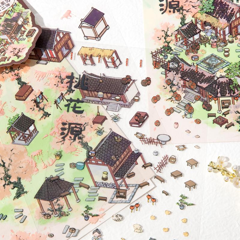 4Sheets/bag PET Fun National Chinese Style Three-Dimensional Landscaping Stickers Fun Small House DIY Scene Decoration Stickers