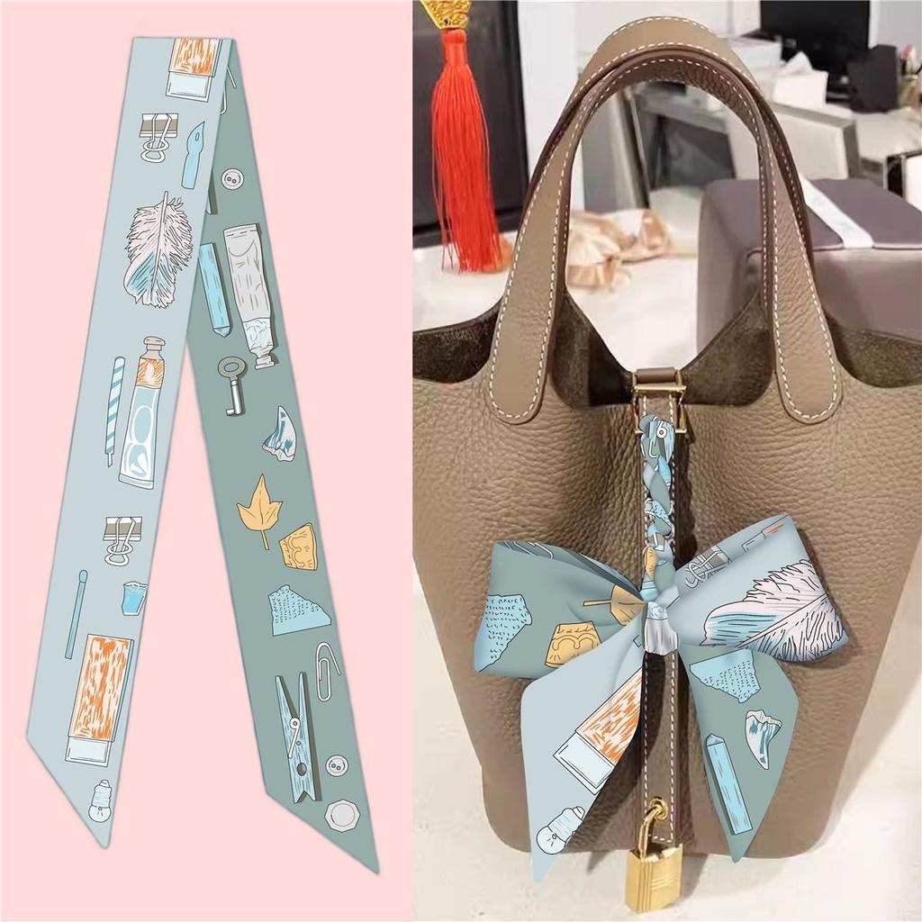 1 Stück Neuer Koreanischer Stil Griff Damen Köperdruck Schal Langes Band Haarband Halskette Schmaler Seidenschal Taschen Dekoration Zubehör