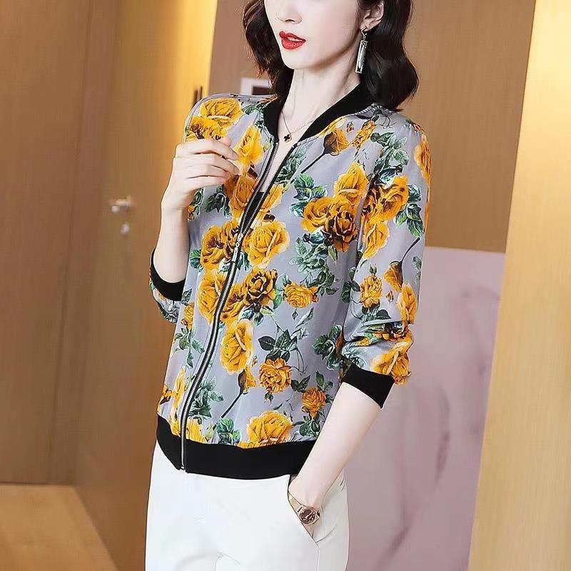 Women's Fashionable Printed Thin Baseball Jacket - Spring/Summer Sun Protection, Plus Size, for Middle-Aged Mothers