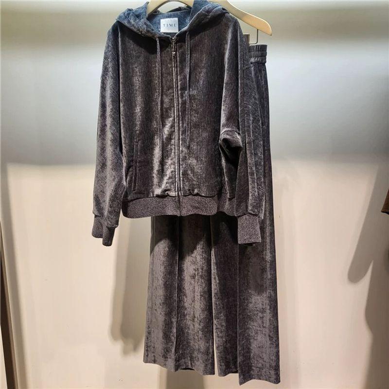 

Korea Order T * Me 25 Spring Fashion Casual Style Slimming Velvet Hoodie + Elastic Waist Straight Leg Pants 2-Piece Set Dark Gray 55