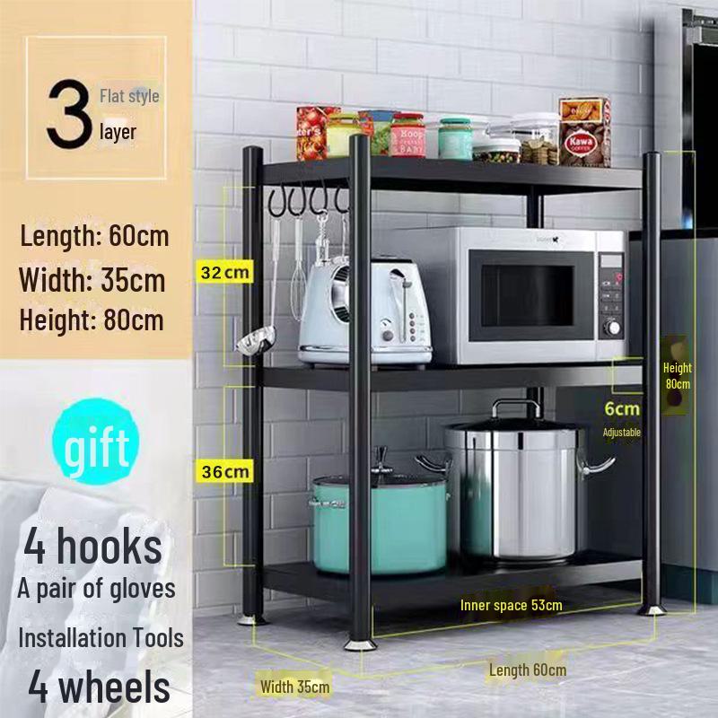 Multi-Layer Kitchen Floor Rack: Multi-Function Microwave and Cookware Storage (Non-Stainless Steel)