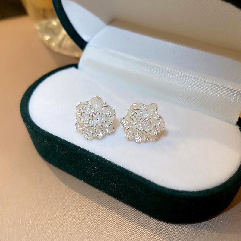 2023 Trendy White Rose Flower Acrylic Stud Earrings with S925 Silver Needle