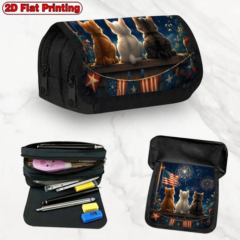 1pc Art Cat Blue Design Double Layer Flip Pencil Case-2D Printing, Large Capacity Zipper Closure, Suitable for Schools, Offices and Travel, Ideal Bir