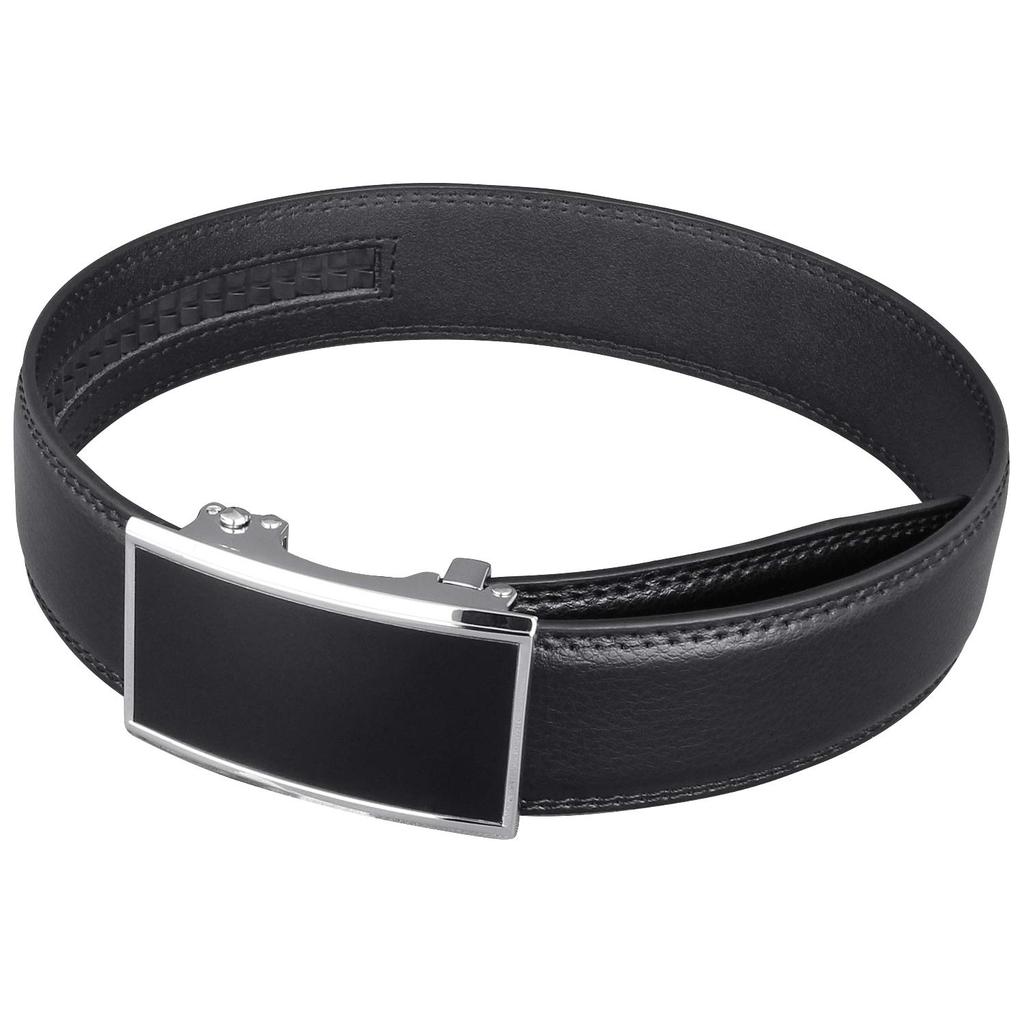 Men's Belt, No Holes, Inner Tip, Concealed Tip, Stylish, Brand Name, Genuine Leather, Long, Auto-Lock, BusinessCasual, Large Size, Black, 130cm,