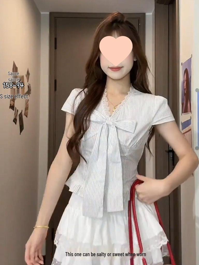 Women's Bow Lace V-neck Striped Ruffle Short-Sleeve Summer Top