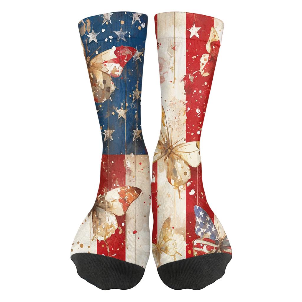 Women Breathable Comfortable Crew Socks Mid Calf Socks with Independence Day Themed Print Soft Stretchy Material for Daily Wear