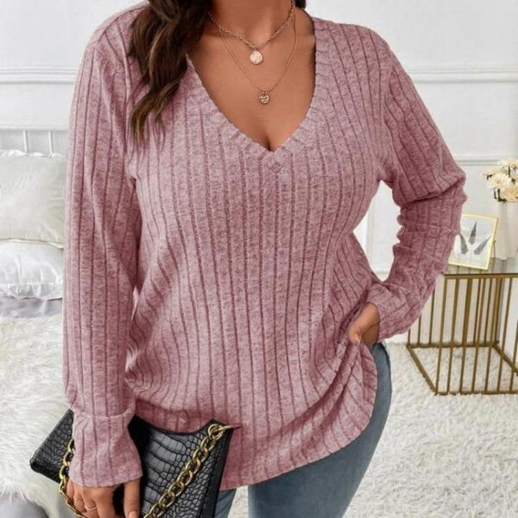 Women Plus Size Long Sleeve T-Shirt V Neck Striped Knitted Top Casual Loose Blouse Spring Solid Color Tops 5XL