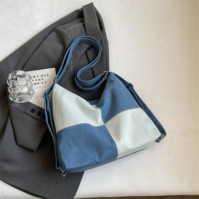 

Casual women s canvas backpack Fashionable and versatile crossbody tote bag New denim panel contrast shoulder bag