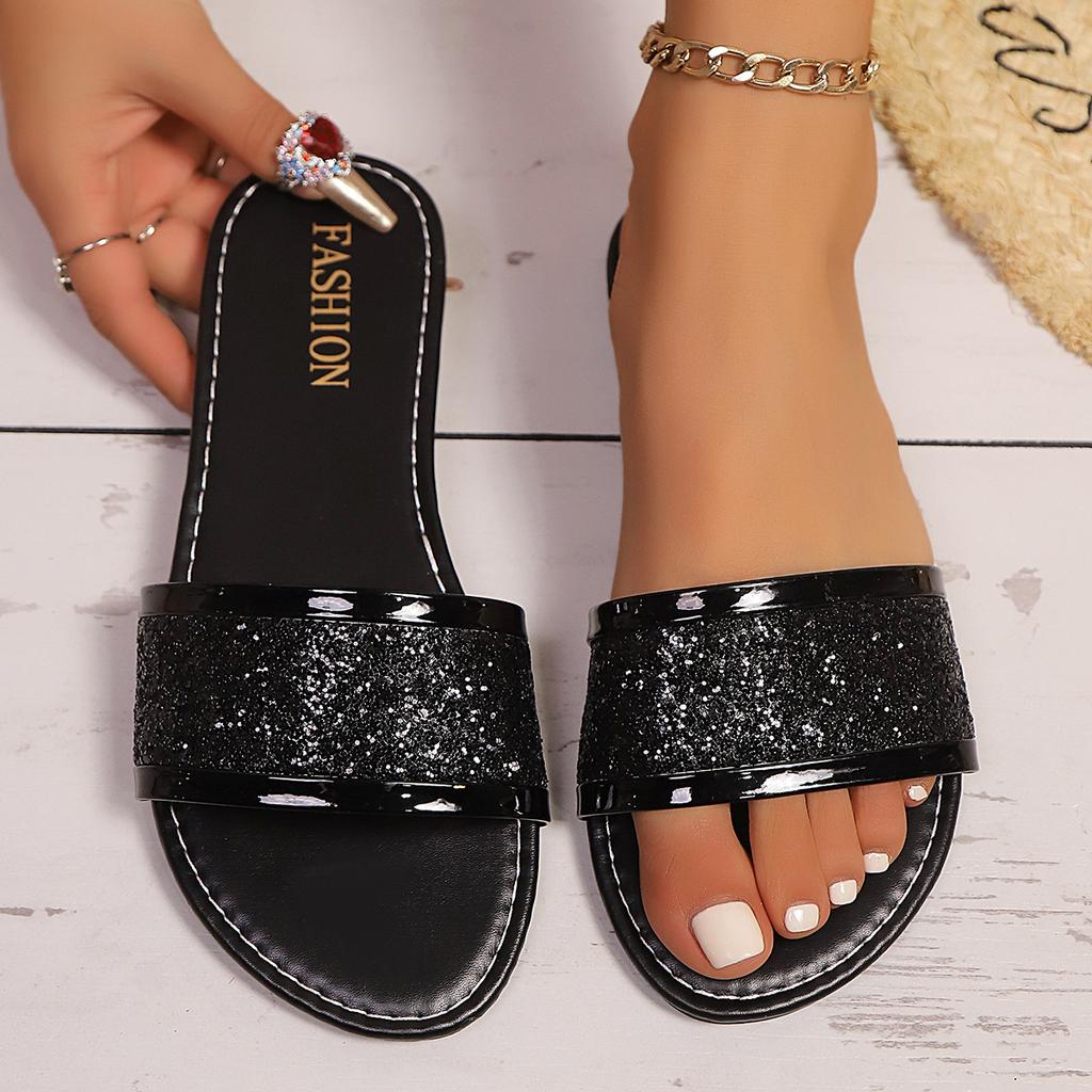 Large size summer new one-word sequined sandals women's wear square head open-toed flat-bottomed beach women's sandals