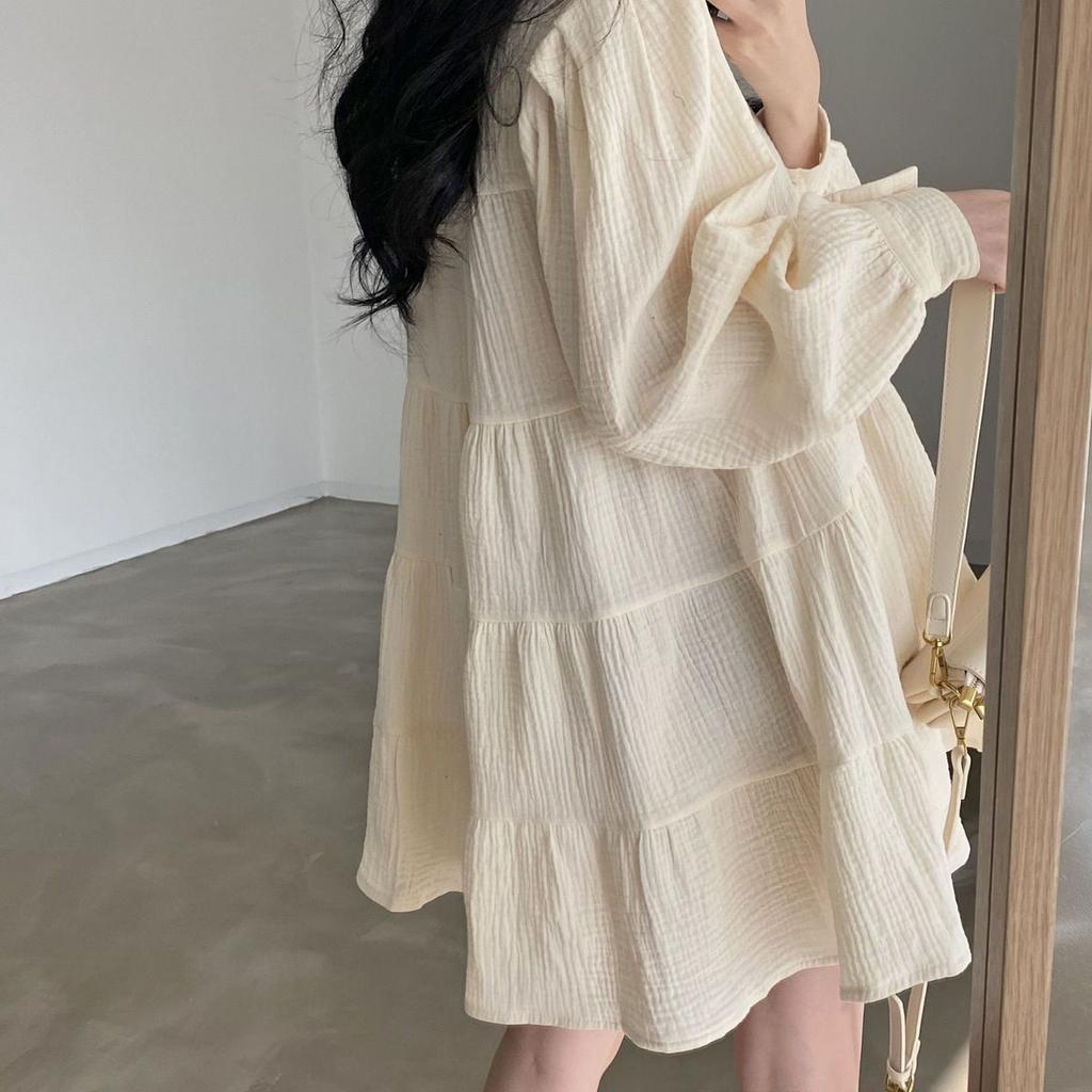 Women Korean Spring Loose Bubble Sleeve Dresses Pleated Elegant Cute Turn-down Collar Shirt Dress Summer