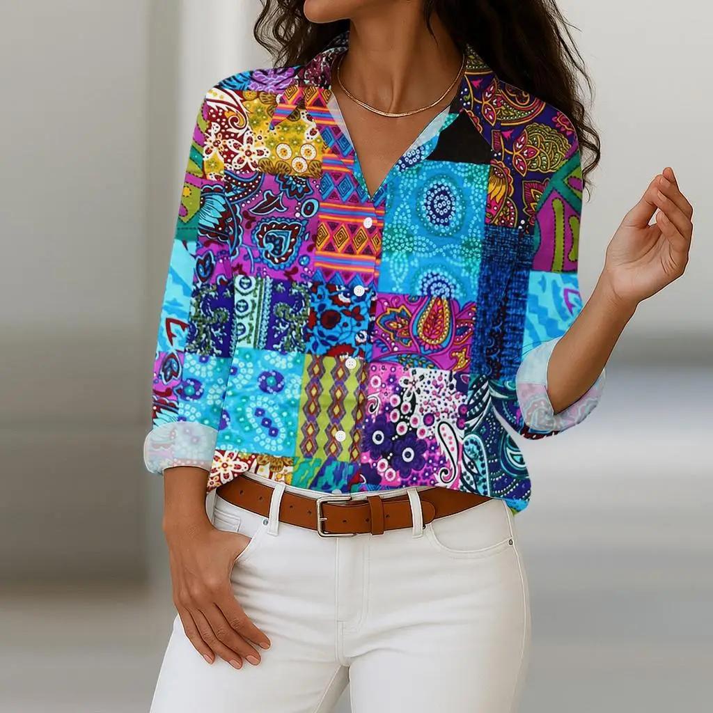 Women's Splice Printed Vintage Long Sleeve Shirt New Spring Autumn Fashion Casual Daily Wear Lapel Commute Temperament Shirt Top