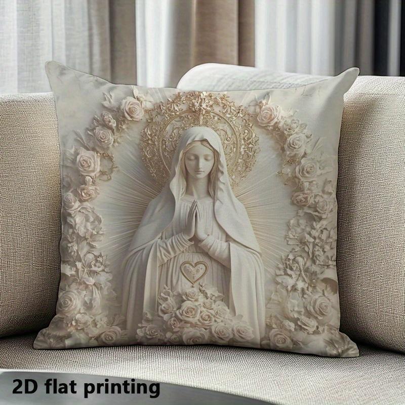 Elegant Virgin Mary Pillow Cover 3D Embossed Religious Floral Print Sacred Heart Cushion Case For Sofa Bed Couch Home Decor