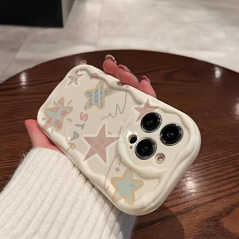 Korean Fashion Star Pattern Phone Case For iPhone 17 Pro 16 15 14 Plus 13 12 11 Pro Max 16e 17e Cream Wavy-edge Shockproof Cover