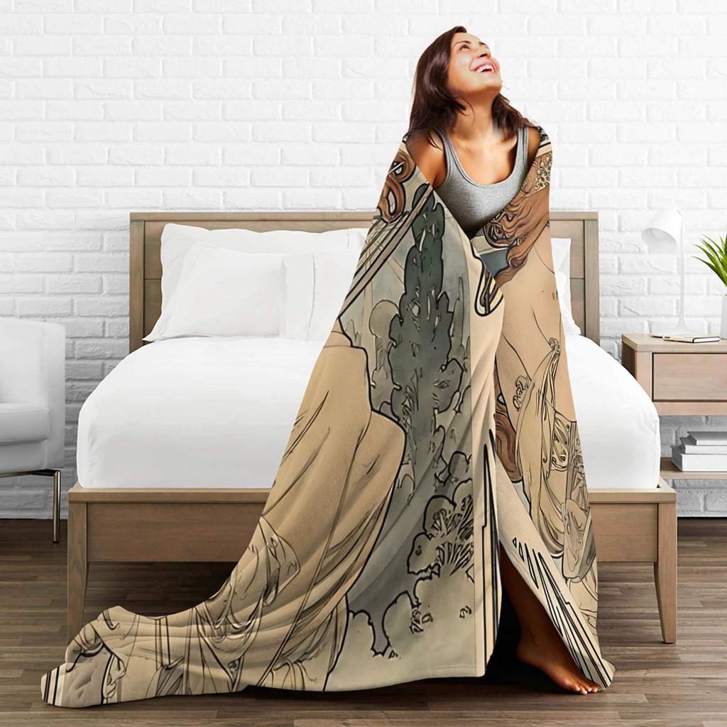 Language of Flowers Alphonse Mucha   Plush Blanket Students  Flannel Throw Blanket For Outdoor Soft Custom DIY Quality Bedspread
