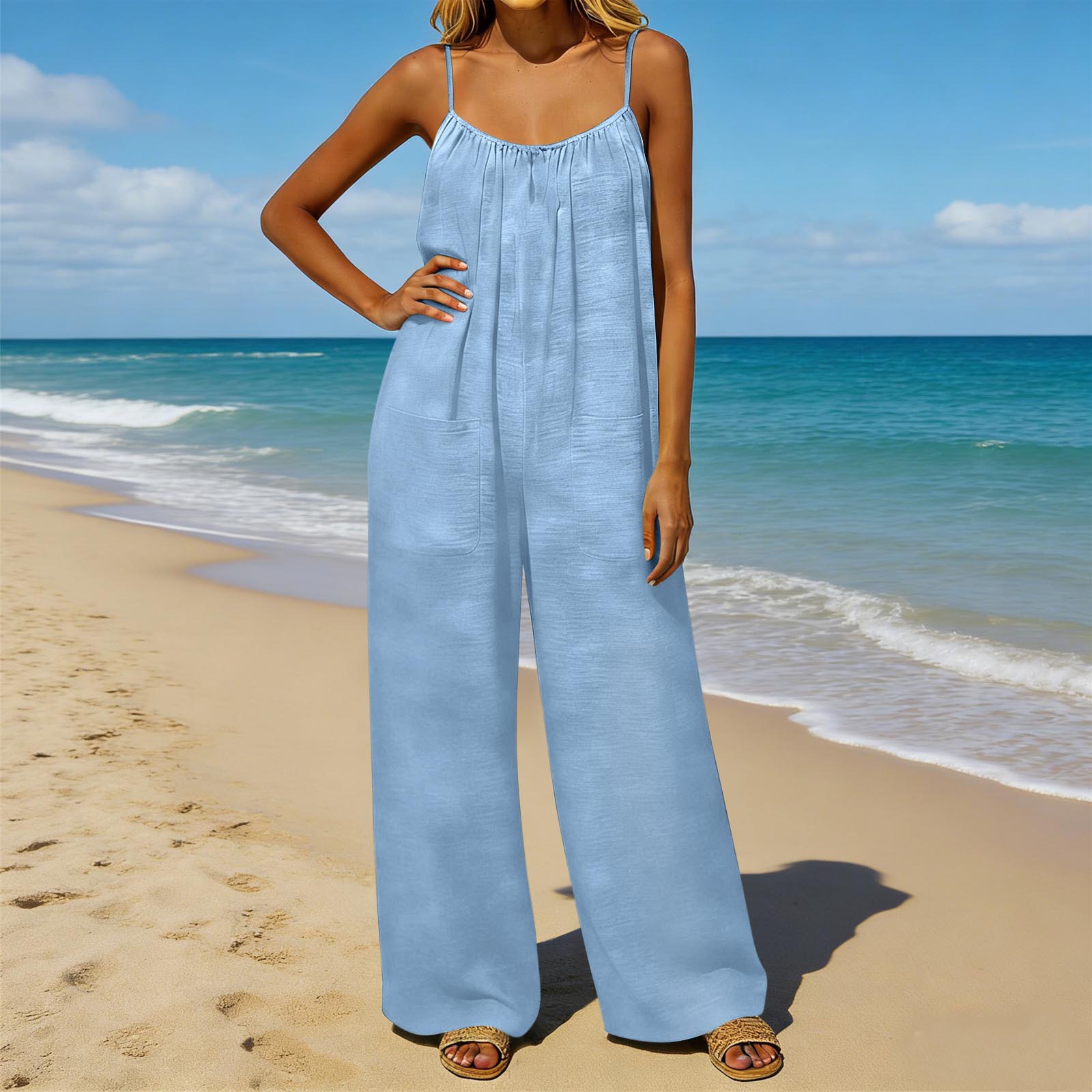 

Women s Jumpsuit, Casual And Loose Fit, Featuring A Backless Design With Vintage Thin Straps. This Loungewear Jumpsuit Is Made From A Cotton And Li XL небо синє кольору