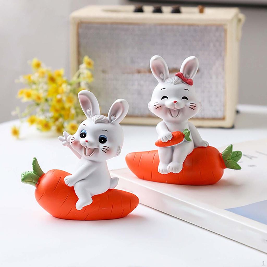 2 Carrot Bunny Figurines, Rabbit Decoration, Animal Figures, Miniature Couples Statues for