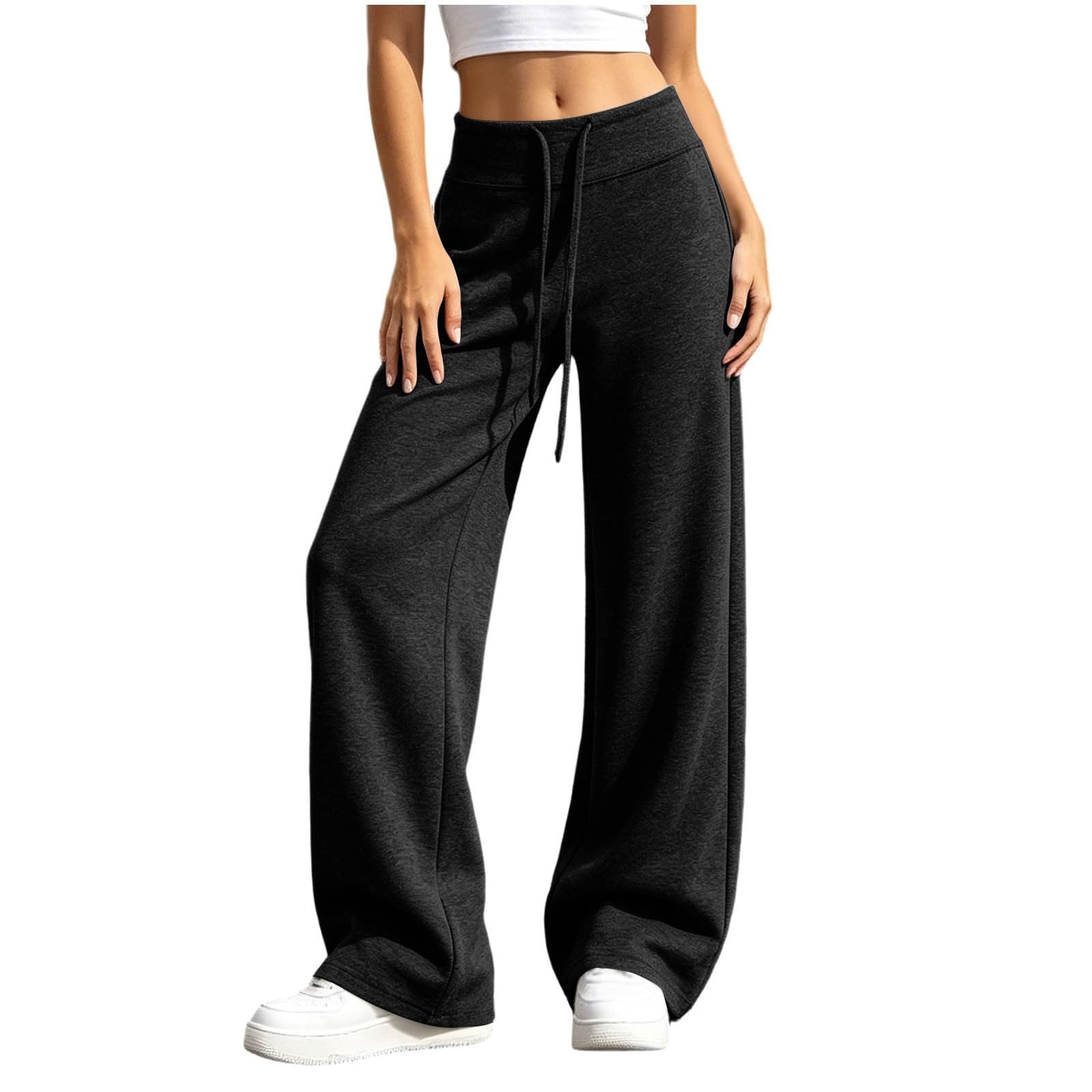 Women s Casual High Waist Wide Leg Stretchy Sweatpants with Pockets for Workout and L чёрный