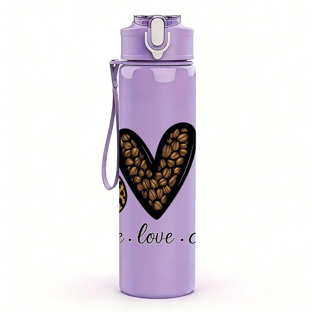 1PC Peace Love Coffee Heart Print 750ml Color Plastic Sports Water Bottle Leakproof Flip Straw Lid Suitable for Sports Office Home Use