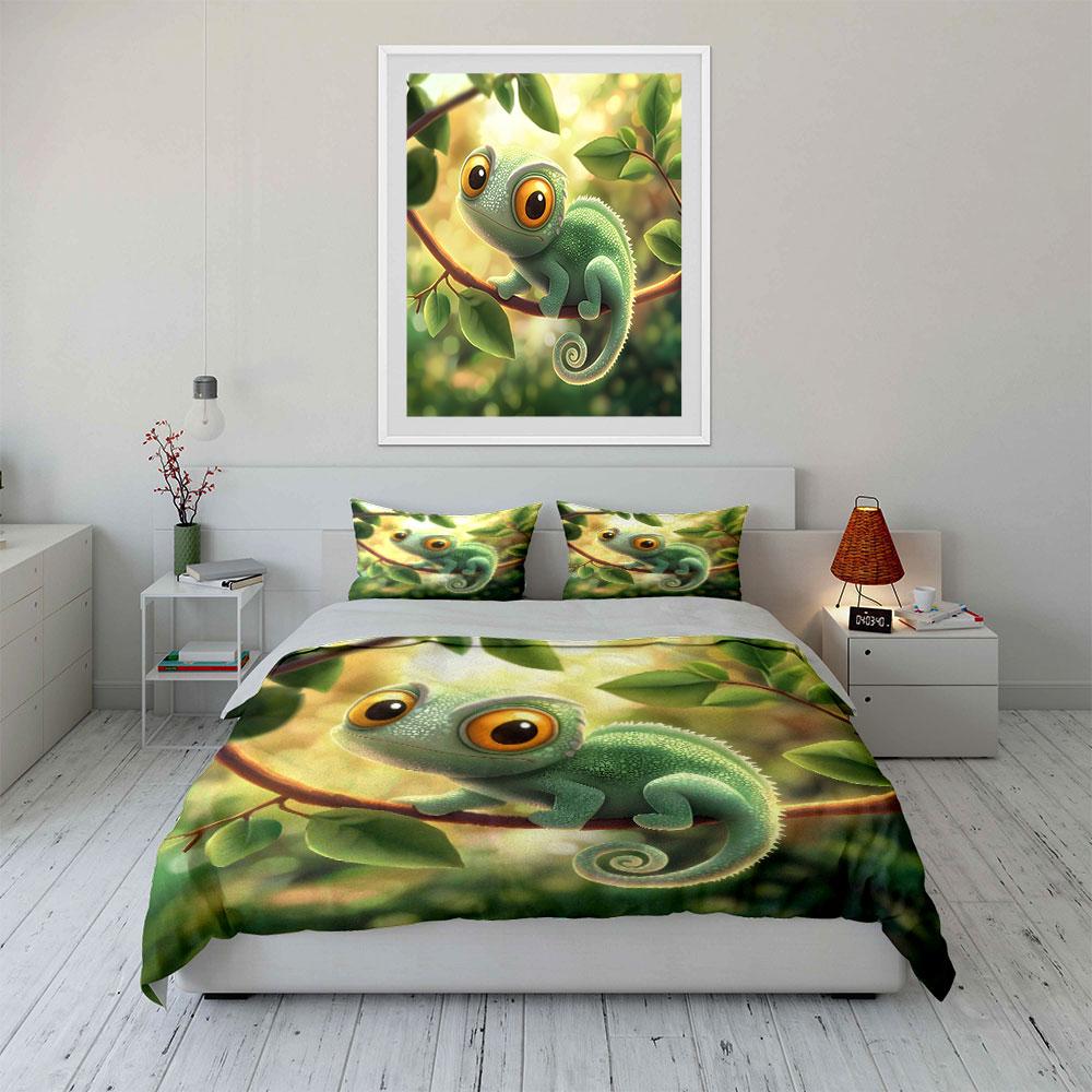 Cute Chameleon Leaf Print Set Bedding Duvet Cover Set Duvet Cover Pillowcases (1 * Duvet Cover 2 * Pillowcases, without duvet insert)
