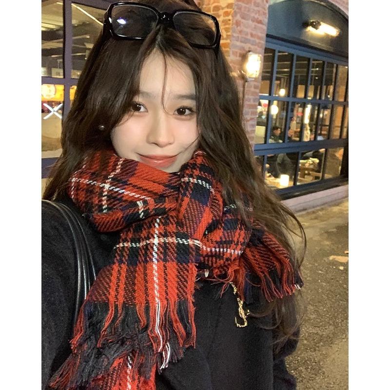 Red plaid Christmas scarf women's winter Korean version of high-end versatile scarf student couple thickened warm shawl