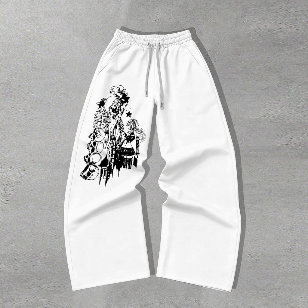 Oversized Skull Anime Print Wide-Leg Pants | American Streetwear Drawstring Sweatpants | Trendy Brand Loose-Fit Drapey Floor-Length Pants