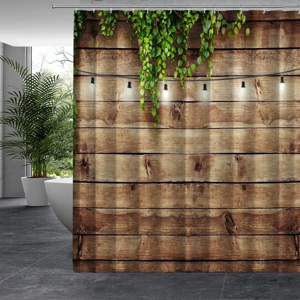 Farmhouse Shower Curtains Vintage Wood Board Rustic Farm Barn Door Green Leaves Vine Plant Country Themed Bathroom Polyester