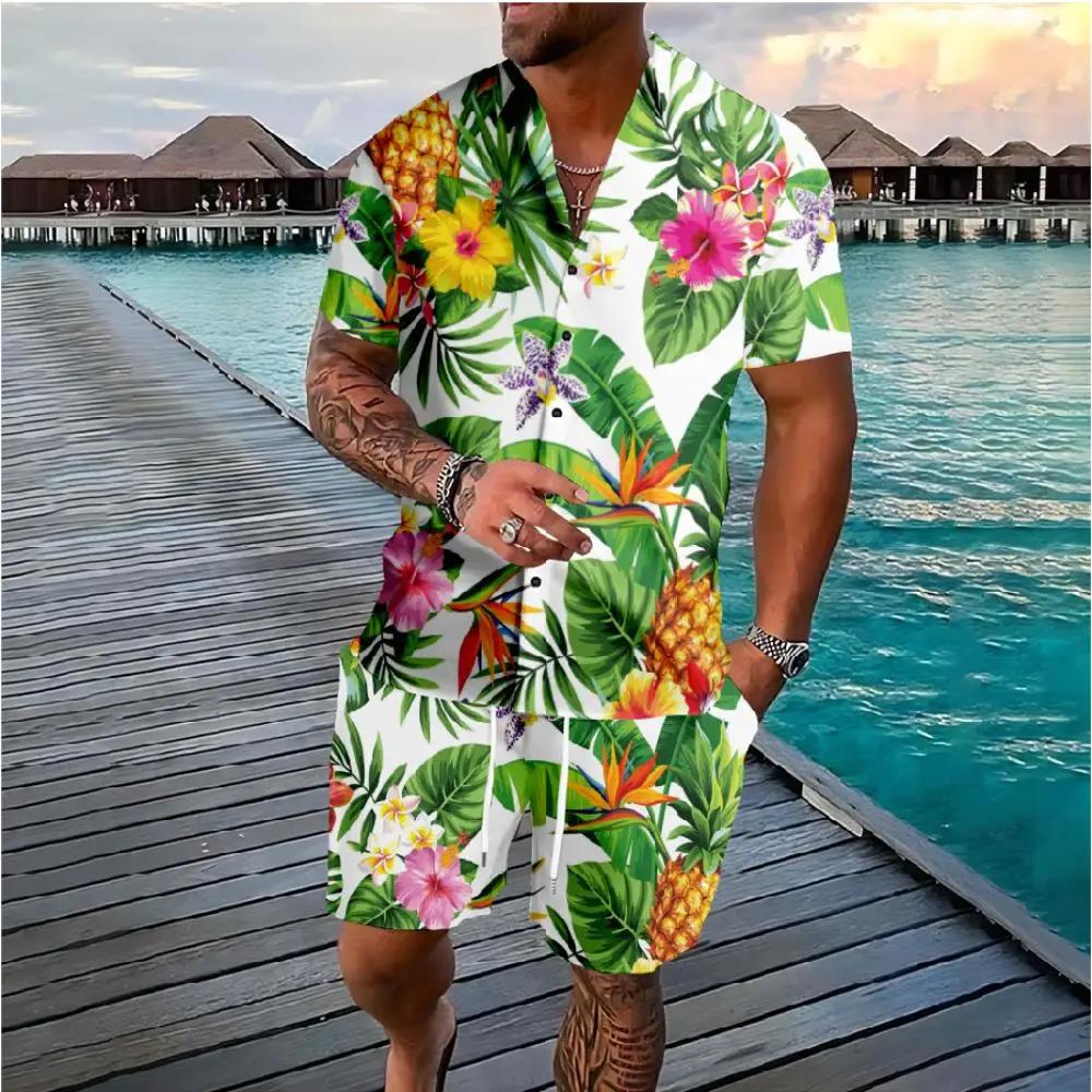Casual and Fashionable Summer Flower 3D Printed Men's Shirt Set Short Sleeved Shirt Casual Beach Shorts Street Wear Hawaiian Suit