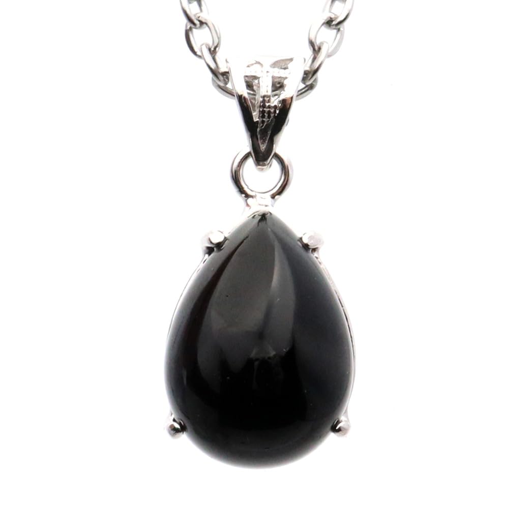 [GOLD STONE] Morion Necklace, Teardrop Drop, Natural Stone Pendant, Black Quartz, Genuine, Silver925 Surgical Stainless Steel Chain Included,