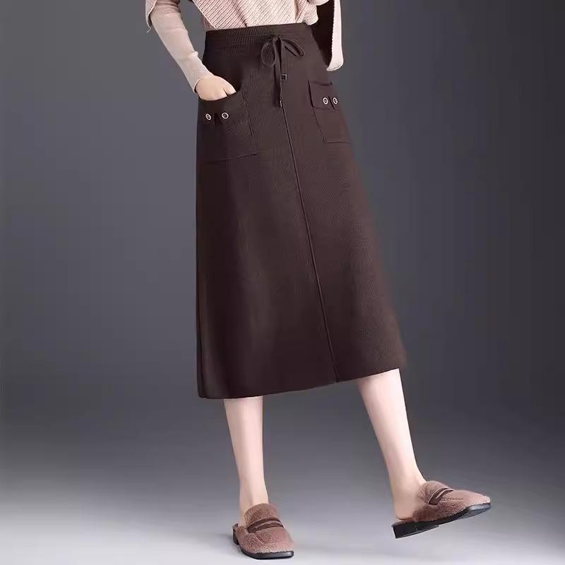 Autumn/Winter 2025 Black High-Waist Wool Knit Midi Skirt with Pockets