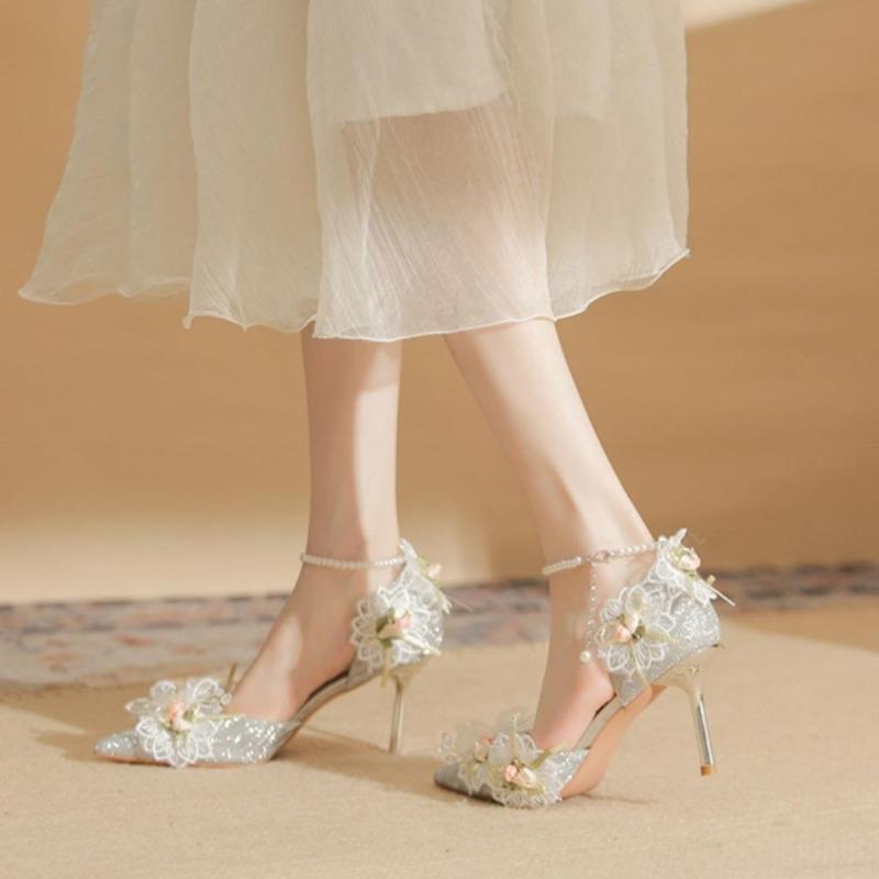 Elegant Fashion Silver Wedding Shoes Women's Stiletto Flower Decoration Pumps Sexy Thin Heels Party Women's Pumps Zapatos Mujer